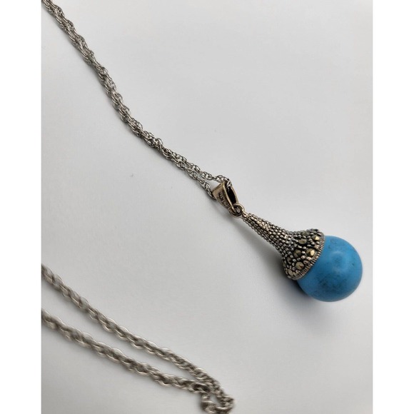 Sterling Silver Marcasite Elegant Turquoise Solitaire Pendant Marked "NTH" - Picture 3 of 3